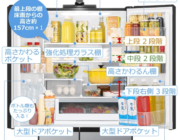 大きいものも小さいものもラクに出し入れできる冷蔵室