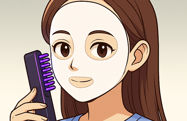 エレキブラシプラスをパックの上から使う妻の画像