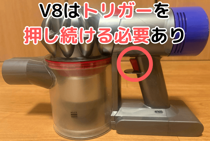 ダイソンV8シリーズの電源スイッチ