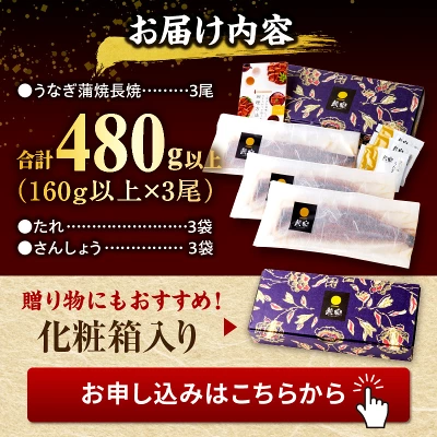 九州産 うなぎ蒲焼 3尾480g以上（宮崎県宮崎市）